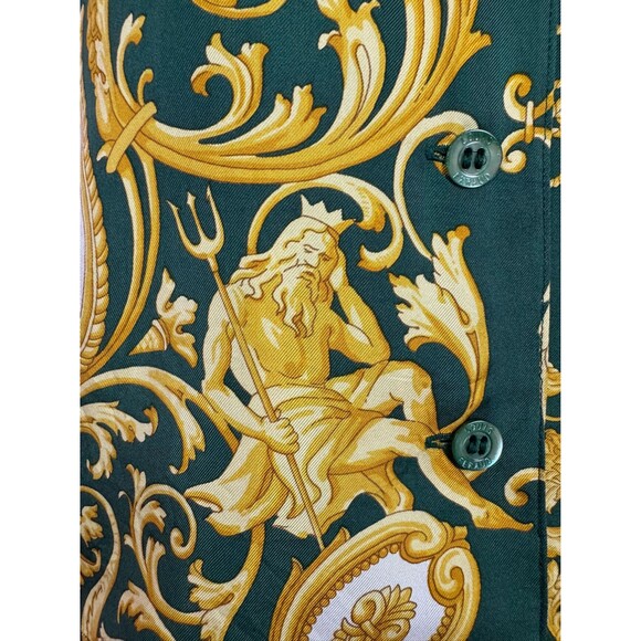 Size S | Vintage 1990s 90s Green Baroque Novelty Print Silk Button Up Blouse Top - Picture 2 of 10